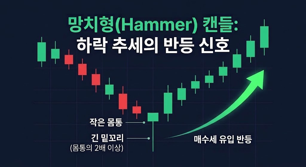 망치형(Hammer) 캔들 — 하락 뒤 아래꼬리가 긴 바닥 반전 신호