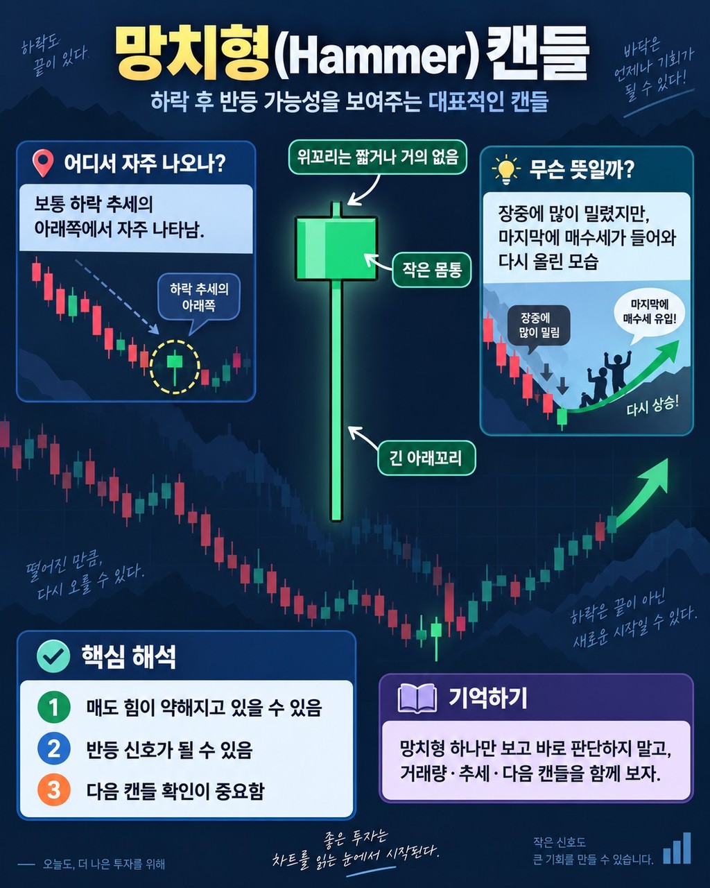 망치형(Hammer) 캔들 — 하락 뒤 아래꼬리가 긴 바닥 반전 신호